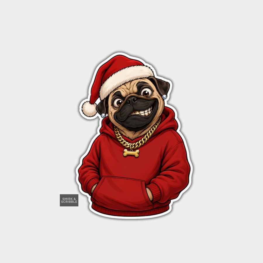 Image of Funny Christmas Sticker Vinyl Xmas Decal For Adults - Pug Wearing Hoodie