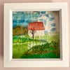 Little white barn, framed embroidered textile collage