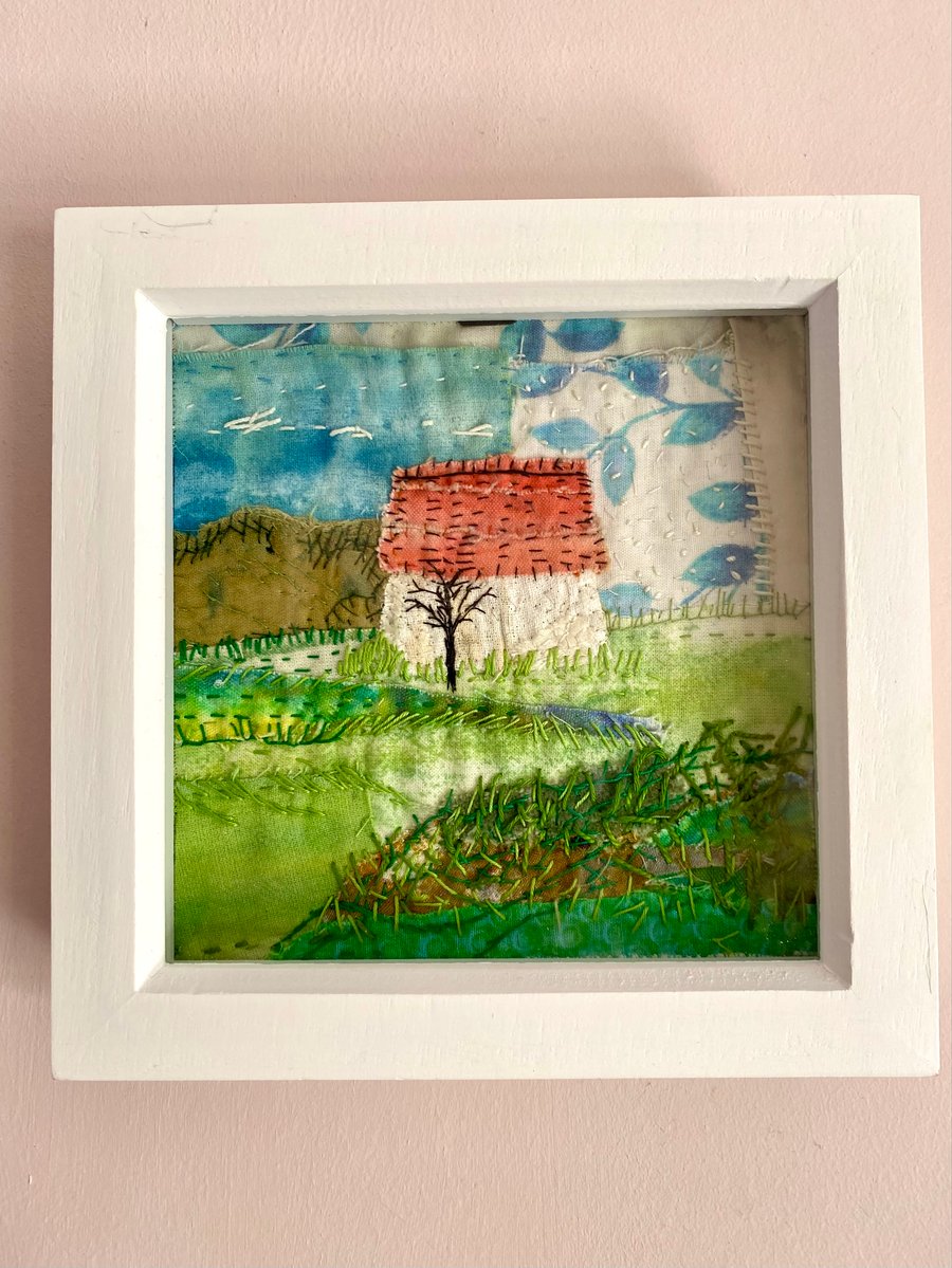 Little white barn, framed embroidered textile collage