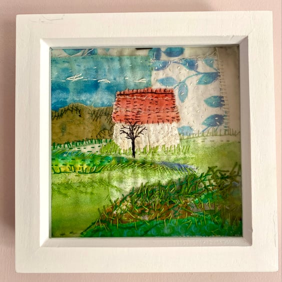 Little white barn, framed embroidered textile collage