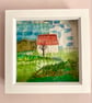 Little white barn, framed embroidered textile collage