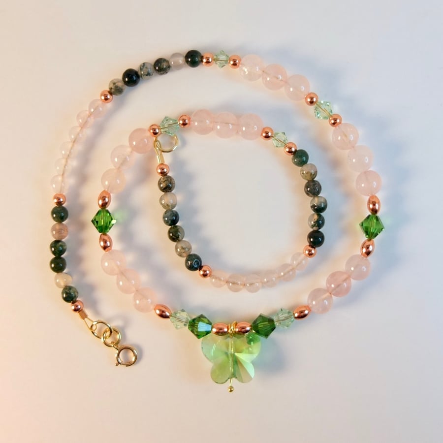  Butterfly, Rose Quartz, Moss Agate & Swarovski Crystal Necklace - Free UK P&P.