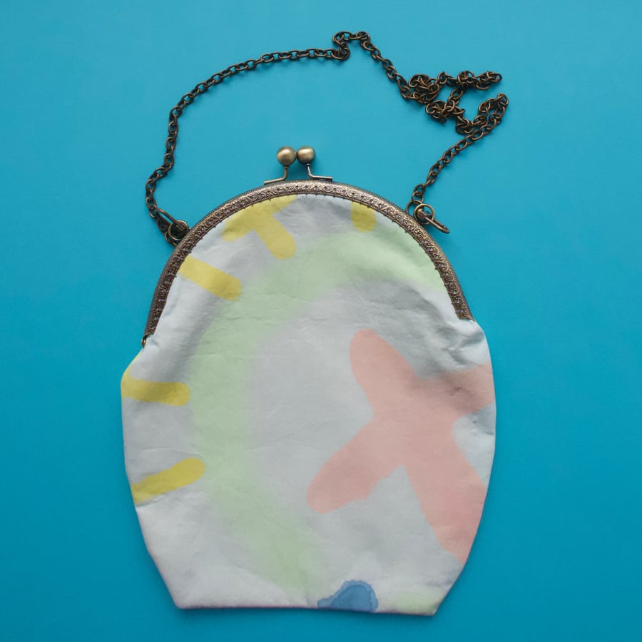 Hand painted fabric large purse or small hand bag - duck egg and blue