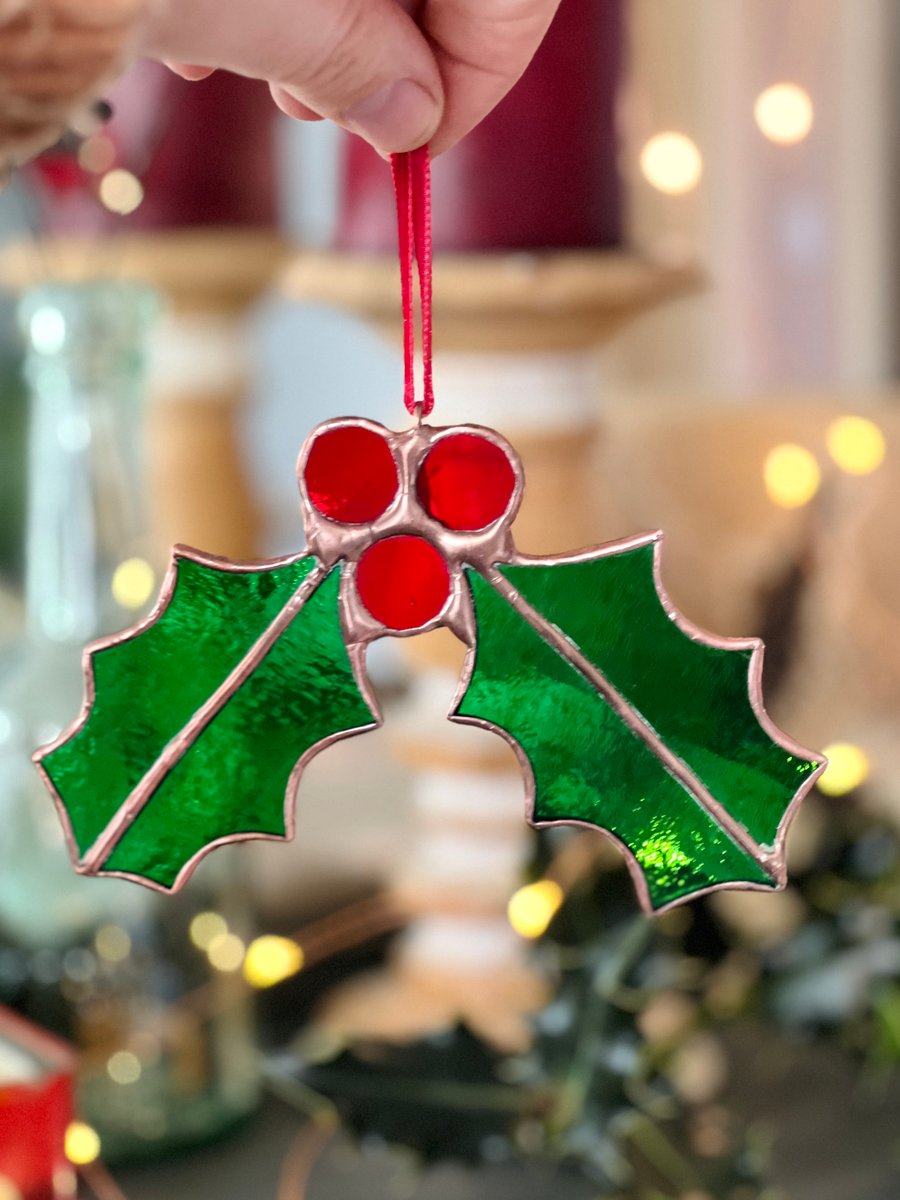 Holly stained glass Christmas decoration - perfect Christmas gift
