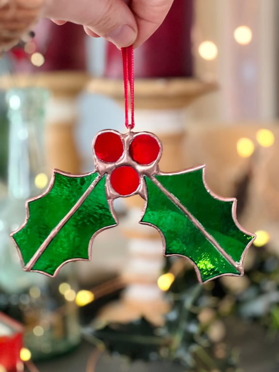 Holly stained glass Christmas decoration - perfect Christmas gift