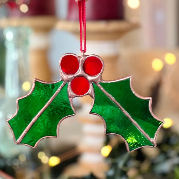 Holly stained glass Christmas decoration - perfect Christmas gift