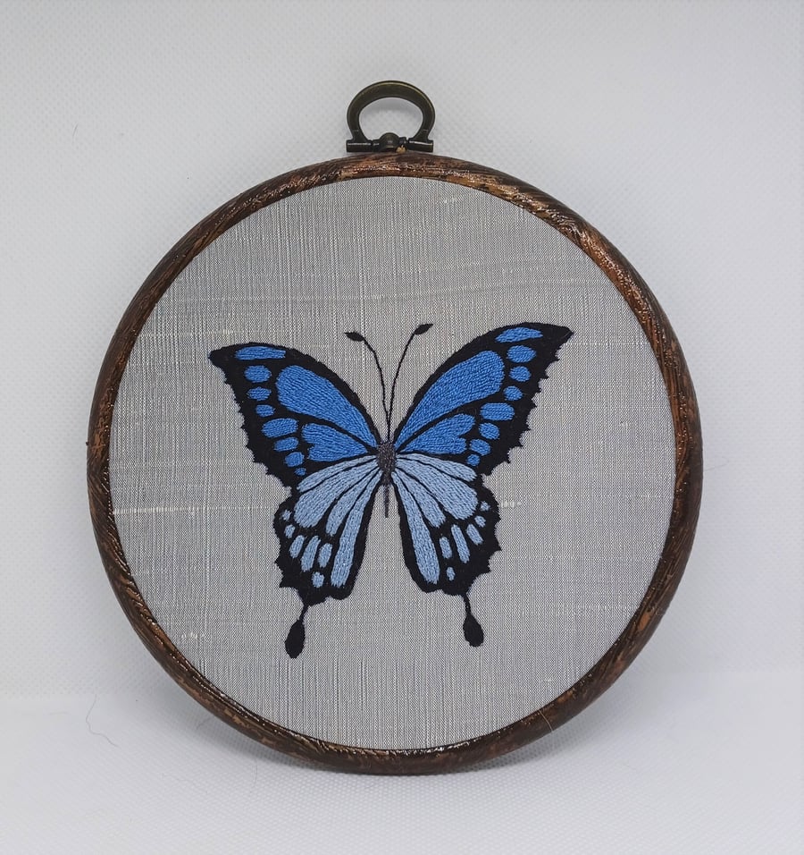 Blue Silk Hand Embroidered Butterfly on Grey Silk