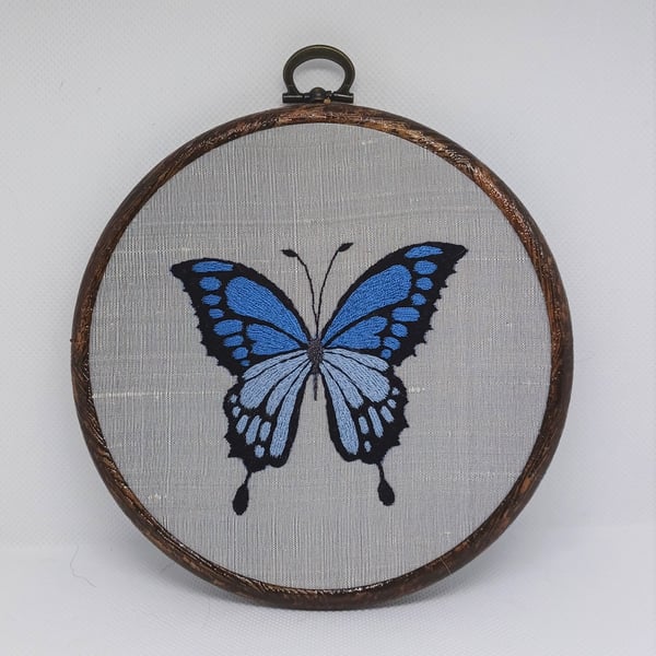 Blue Silk Hand Embroidered Butterfly on Grey Silk