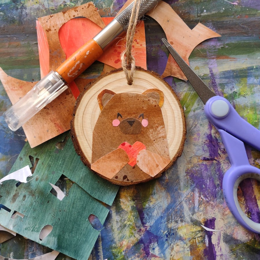 Bear Collage Art - Wood Slice Hanging Decoration