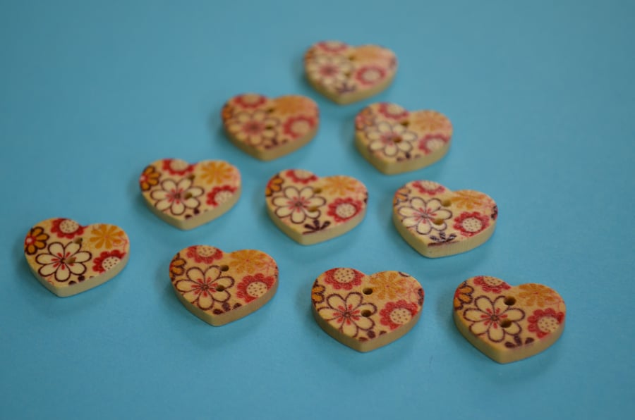 Small Natural Wooden Heart Buttons Floral Red Yellow Brown 10pk 18x15mm (NH8)