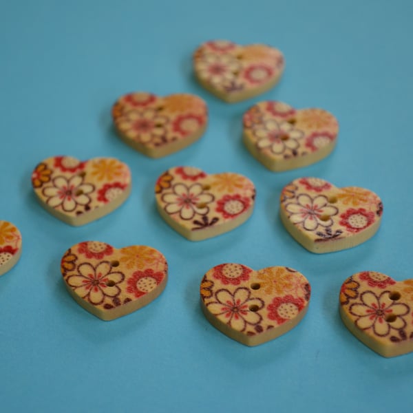 Small Natural Wooden Heart Buttons Floral Red Yellow Brown 10pk 18x15mm (NH8)