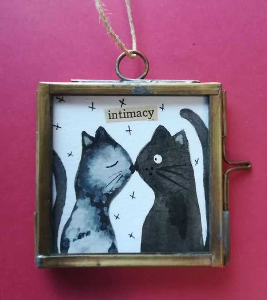 'Intimacy' Kissing Cats Miniature Original Painting in Hanging Frame