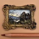 Tiny Original Miniature watercolor Painting, Gothic Castle at dusk, OOAK UK made