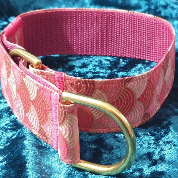 Seigaiha Pink & Gold Martingale Collar – Medium (14–18") With Solid Brass D Ring