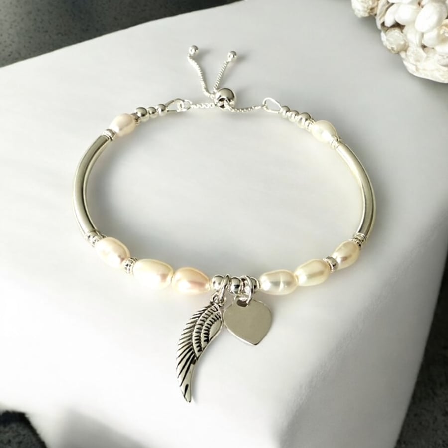 Angel Wing Heart Charm Pearl Bracelet,  Sterling Silver Adjustable Bracelet