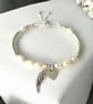 Angel Wing Heart Charm Pearl Bracelet,  Sterling Silver Adjustable Bracelet - Image 1