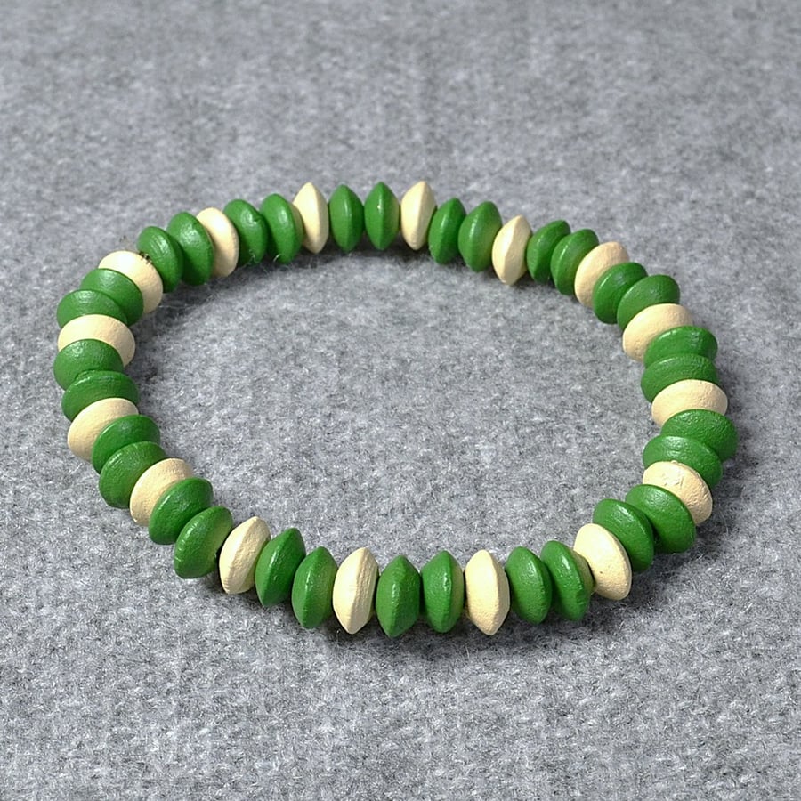 Green and Cream Wooden Rondelle Elastic Bracelet