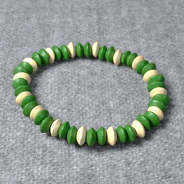 Green and Cream Wooden Rondelle Elastic Bracelet