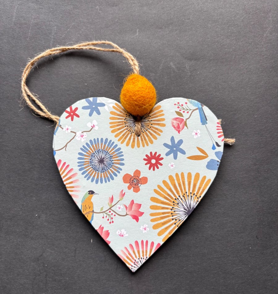 Floral starburst decoupaged wooden heart 