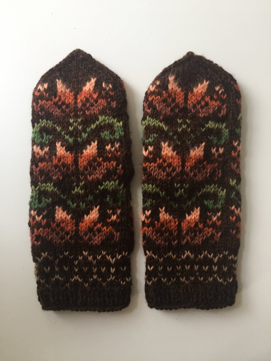 READY TO SHIP hand knitted brown orange green mittens floral fairisle nordic 