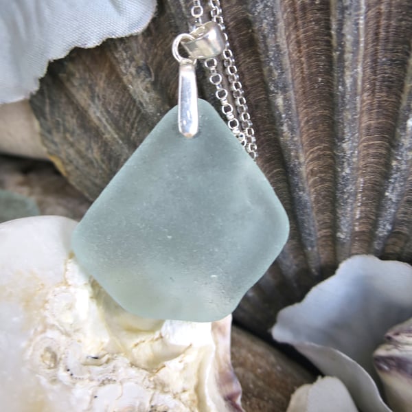 Light Teal Blue Scottish Sea Glass and Silver Necklace