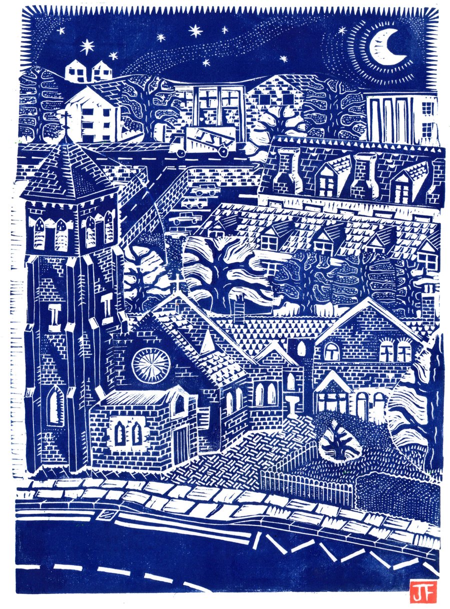 View Over St Francis Church, Bedworth by John Freeman, linocut print, blue