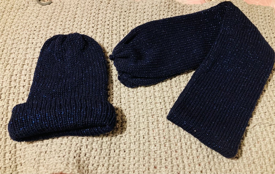 DARK NAVY BLUE GLITTER ADULT UNISEX HAT AND SCARF SET