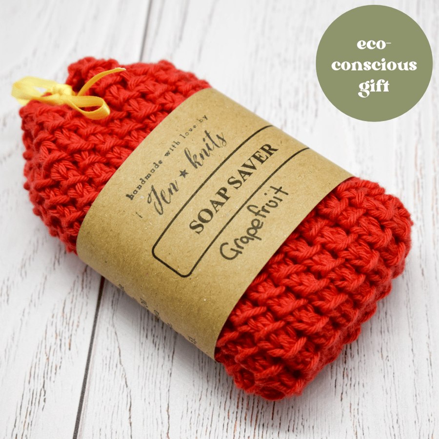 Hand knitted cotton soap saver - Red - with Grapefruit soap