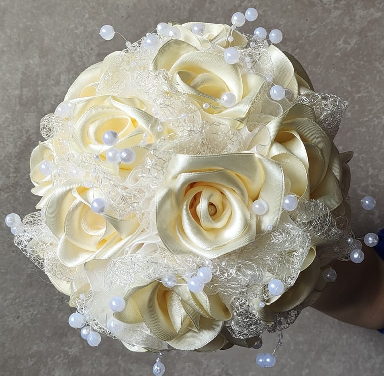 Unique Cream & White Satin Roses & Pearl Large Bridal Wedding Bouquet