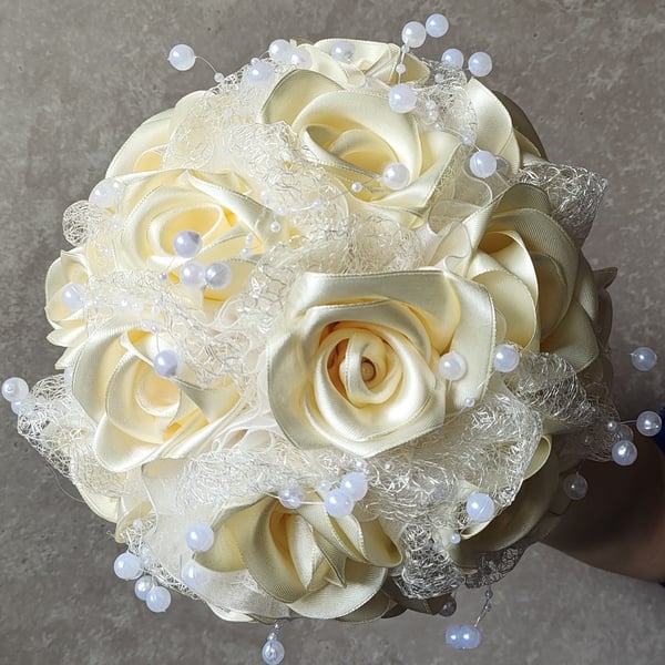 Unique Cream & White Satin Roses & Pearl Large Bridal Wedding Bouquet