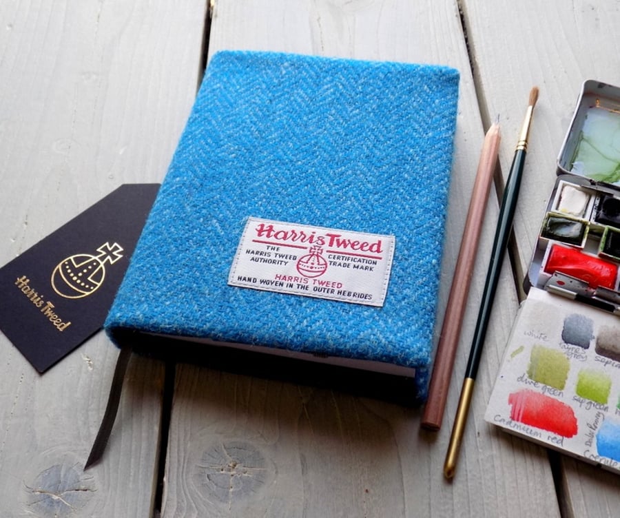 Harris Tweed covered A6 sketchbook in turquoise and blue