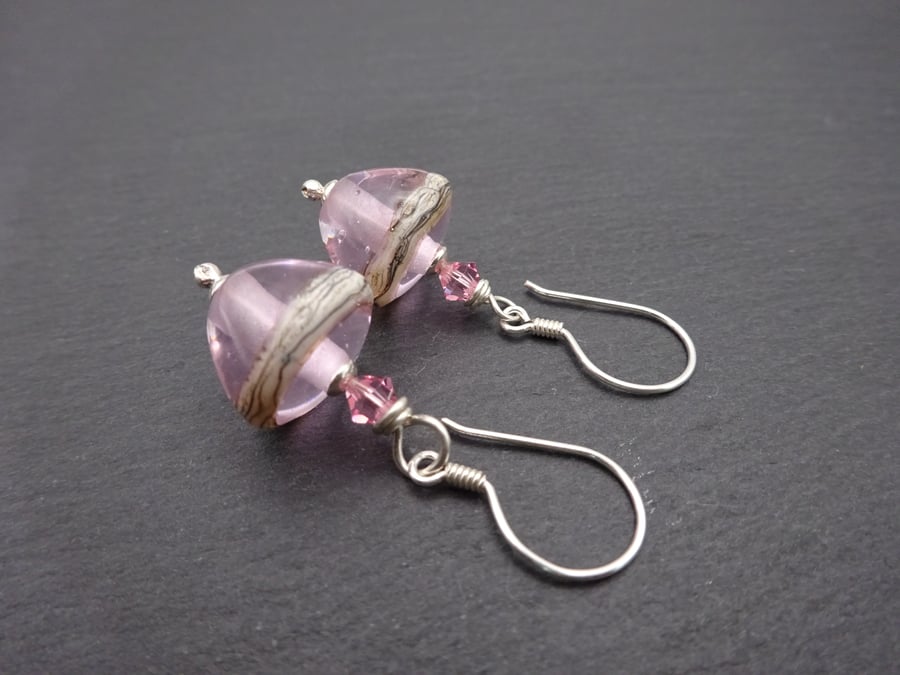 pink lampwork glass earrings, sterling silver jewellery
