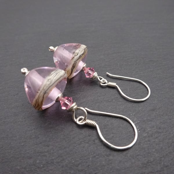 pink lampwork glass earrings, sterling silver jewellery