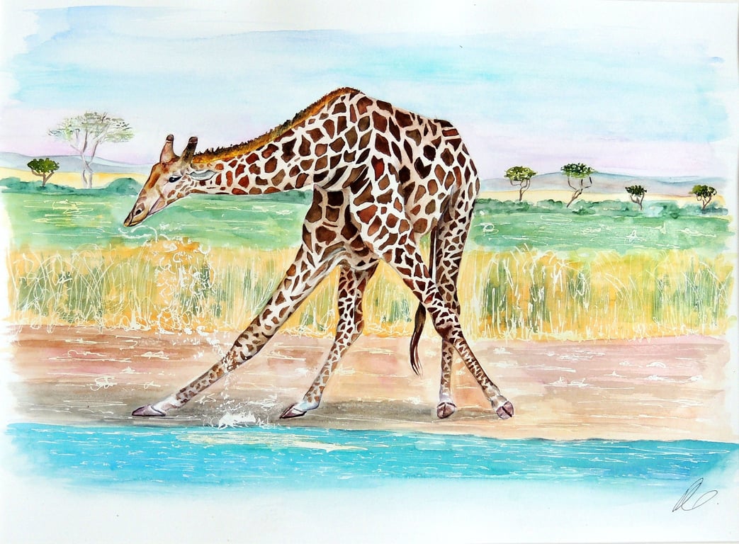 Giraffe in Landscape Original Watercolour