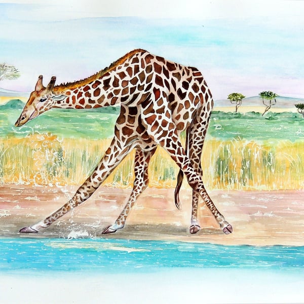 Giraffe in Landscape Original Watercolour