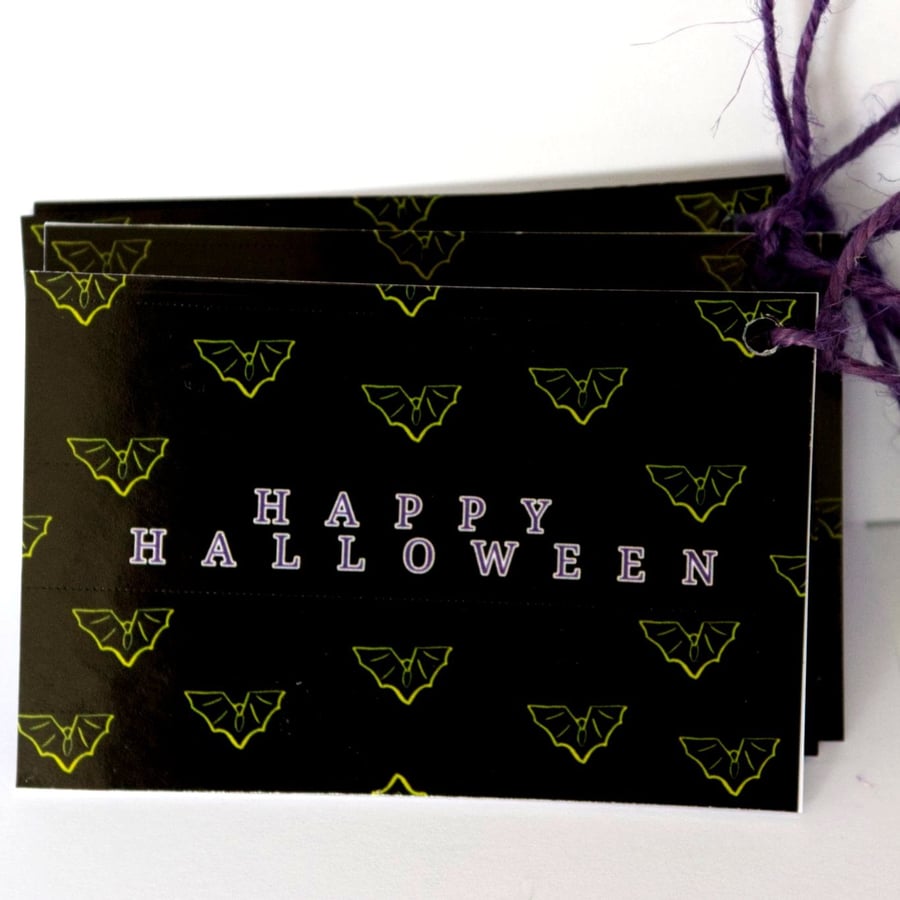 5 handmade Bat halloween gift tags, black, green,purple
