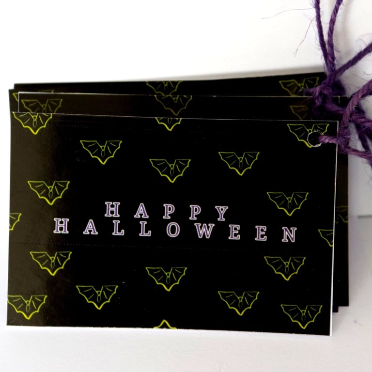 5 handmade Bat halloween gift tags, black, green,purple