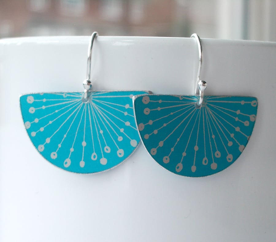 Fan earrings with seed head print in turquoise and silver