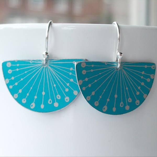 Fan earrings with seed head print in turquoise and silver