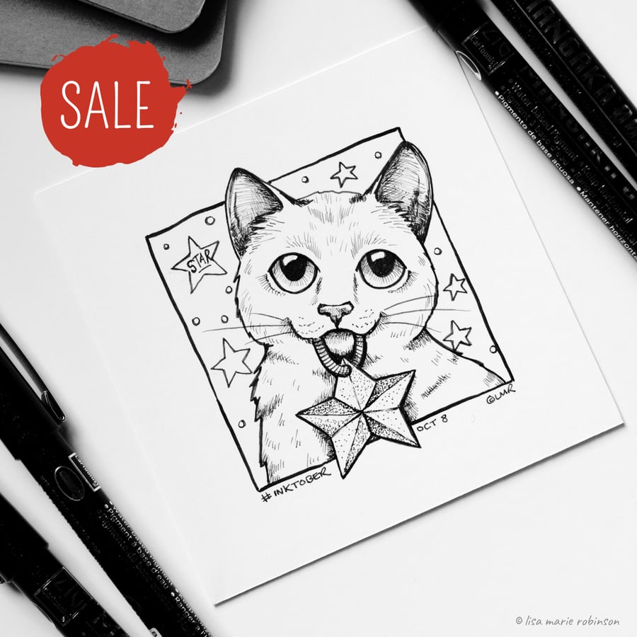 SALE - Star Kitty Cat - Day 8 Inktober 2018 - Small Cat Drawing