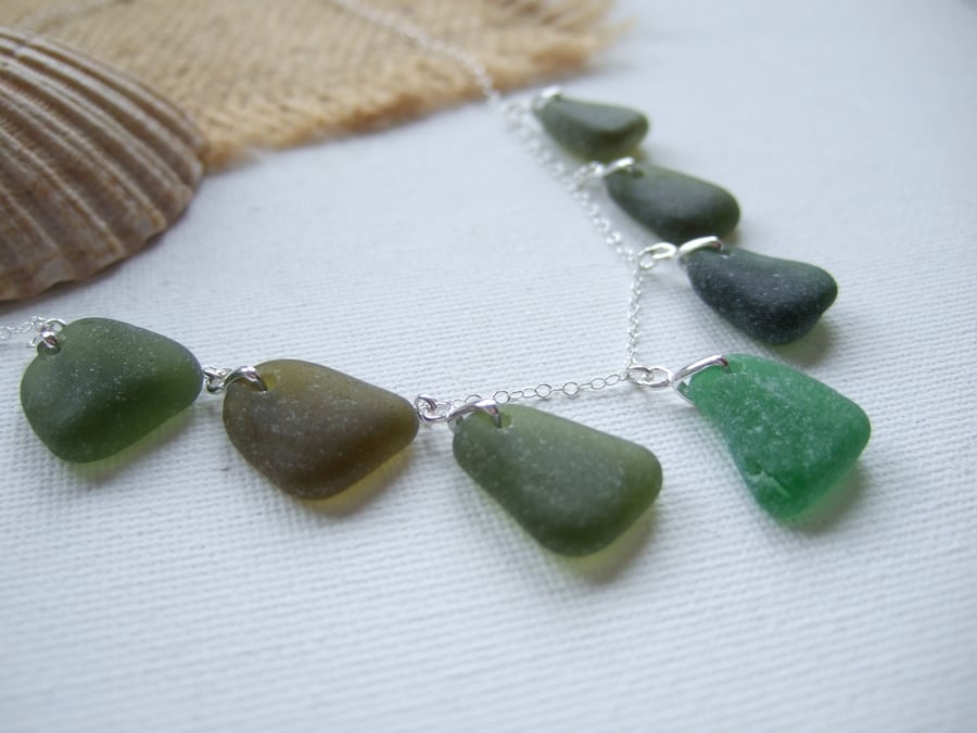 Scottish Green Sea Glass Necklace, Beach Glass Pendants on Sterling Silver chain