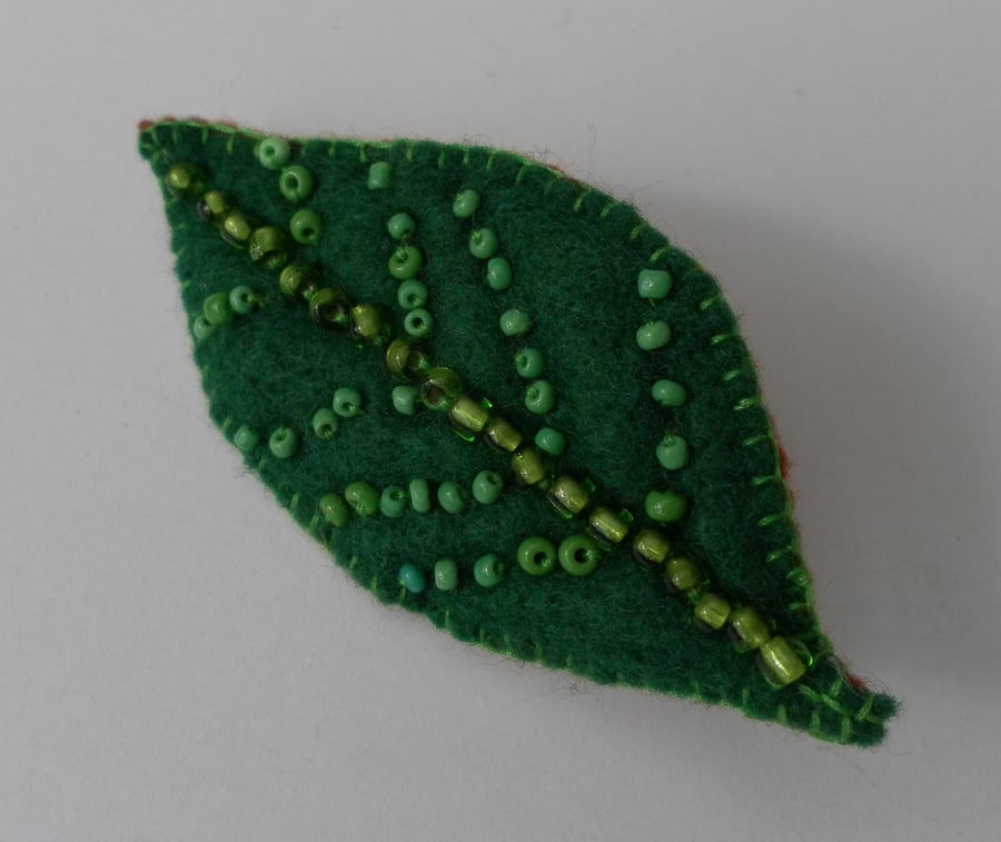 Attractive Green, Beaded, Felt Leaf Brooch
