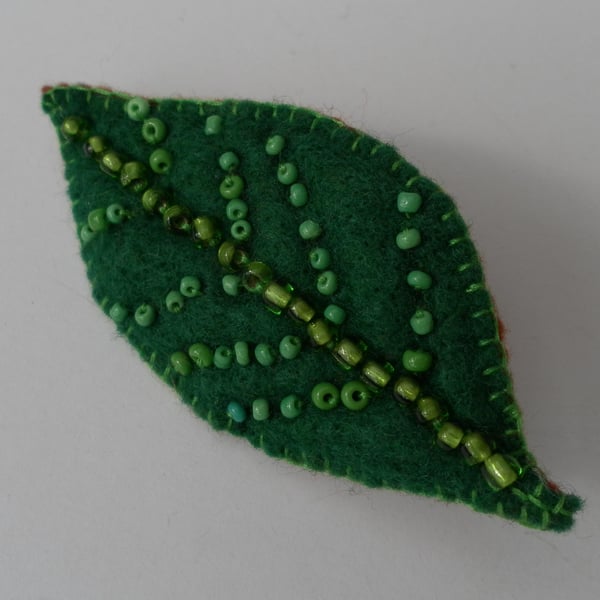 Attractive Green, Beaded, Felt Leaf Brooch