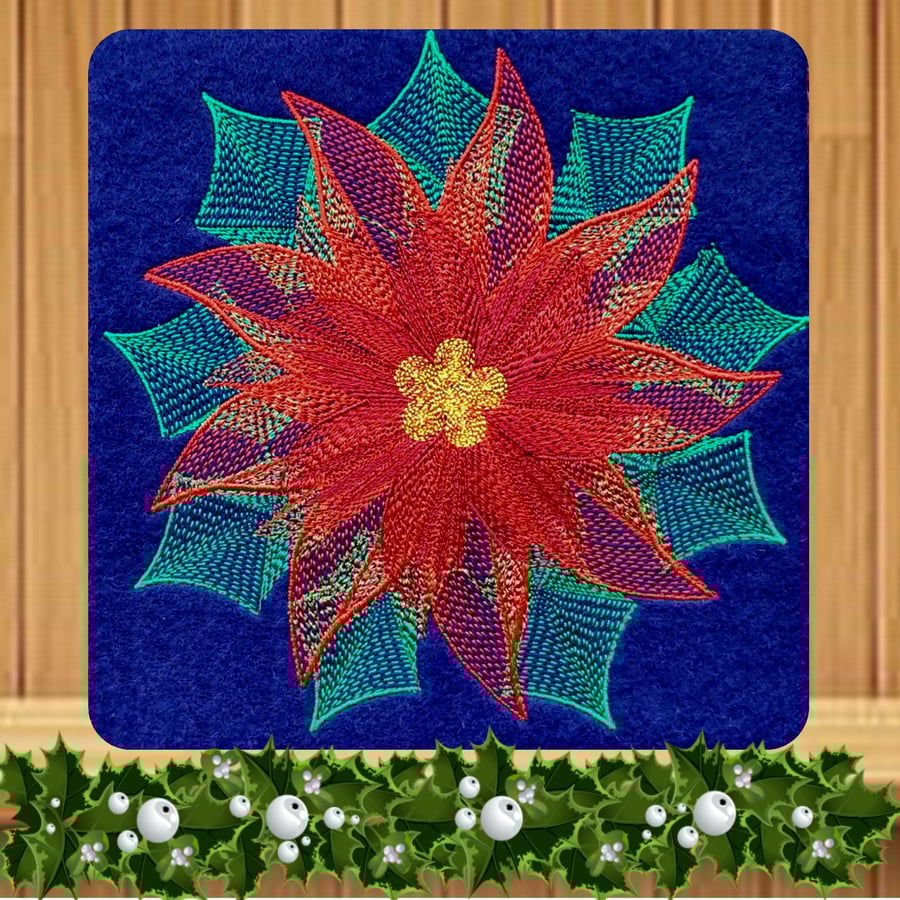Christmas Poinsettia Embroidered Card