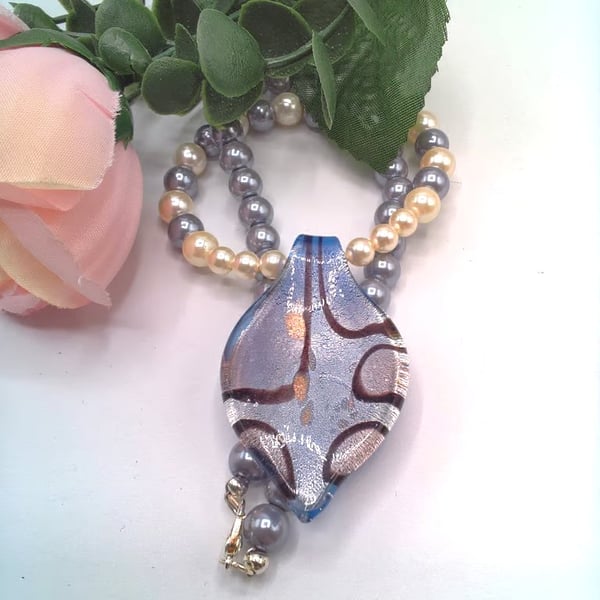 Perfectly Imperfect Blue Glass Pendant on a Grey and Cream Pearl Necklace