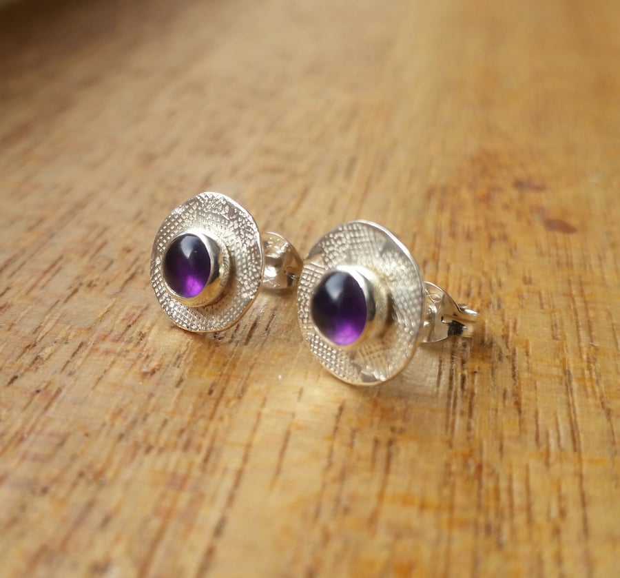 Amethyst set textured stud earrings, silver amethyst earrings