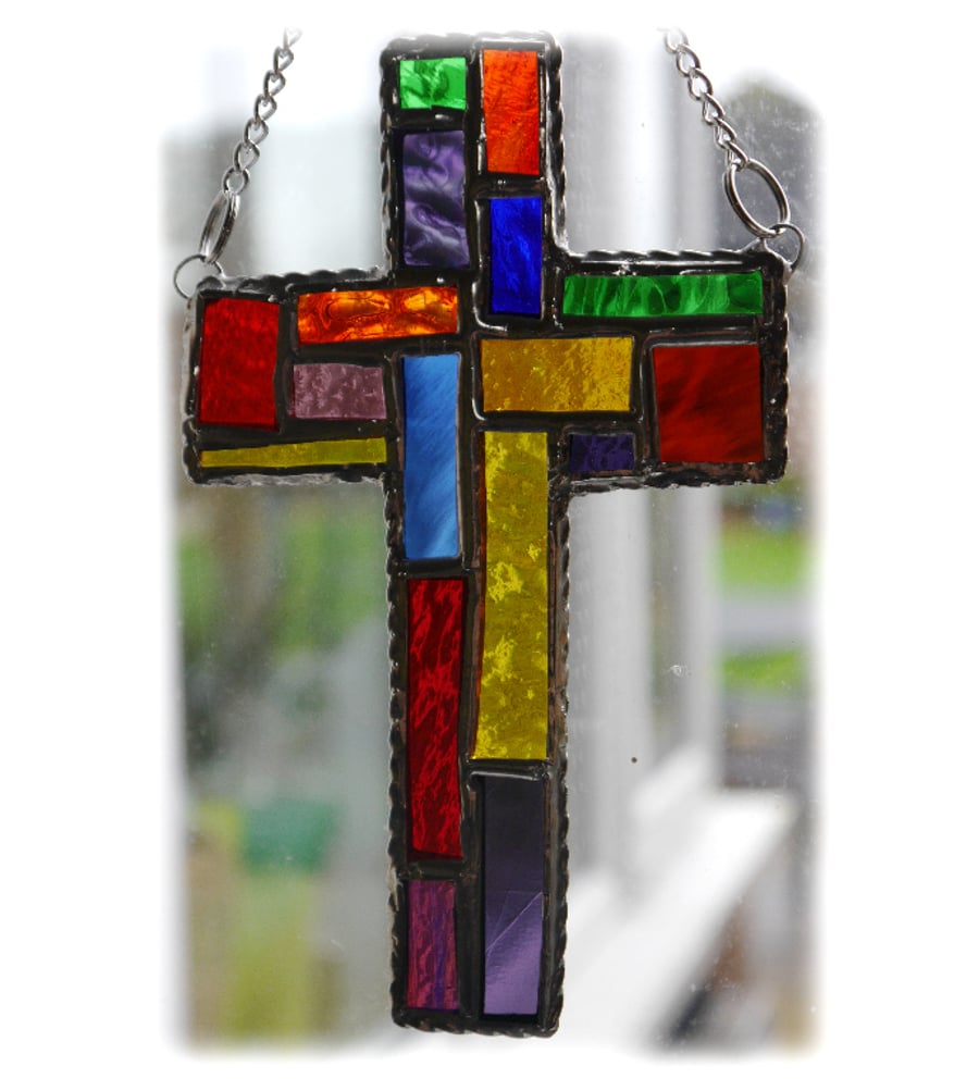Cross Suncatcher Stained Glass Handmade Patchwork Rainbow 014