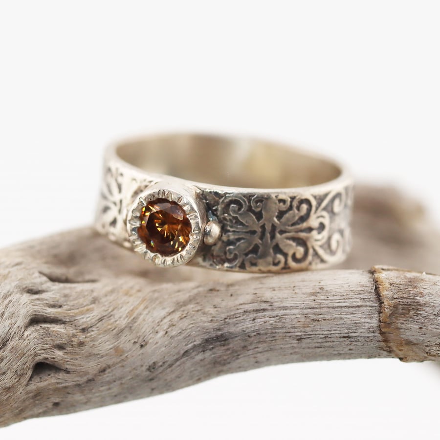 Wide Sterling Band w Topaz CZ Stone, Filigree Pattern, Perfectly Imperfect