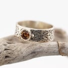 Wide Sterling Band w Topaz CZ Stone, Filigree Pattern, Perfectly Imperfect