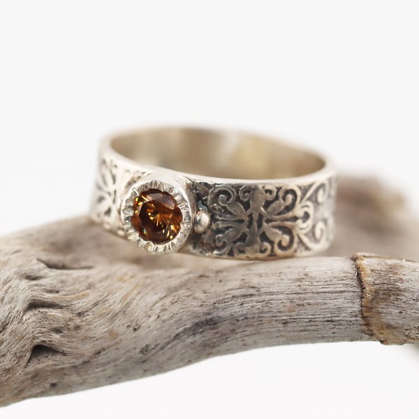 Wide Sterling Band w Topaz CZ Stone, Filigree Pattern, Perfectly Imperfect